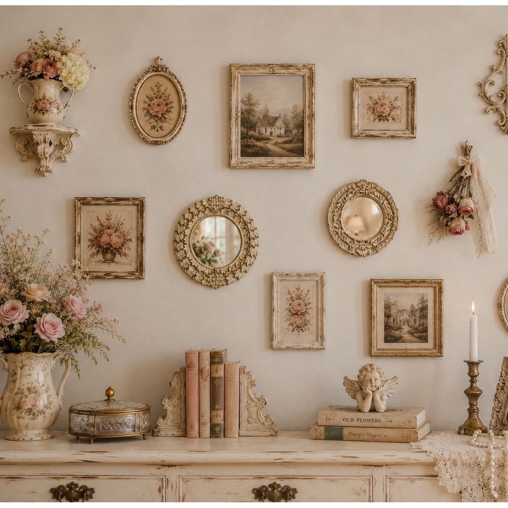 Vintage Style Ornate Round Wall Mirrors Set 2 Cream Distressed Shabby Chic